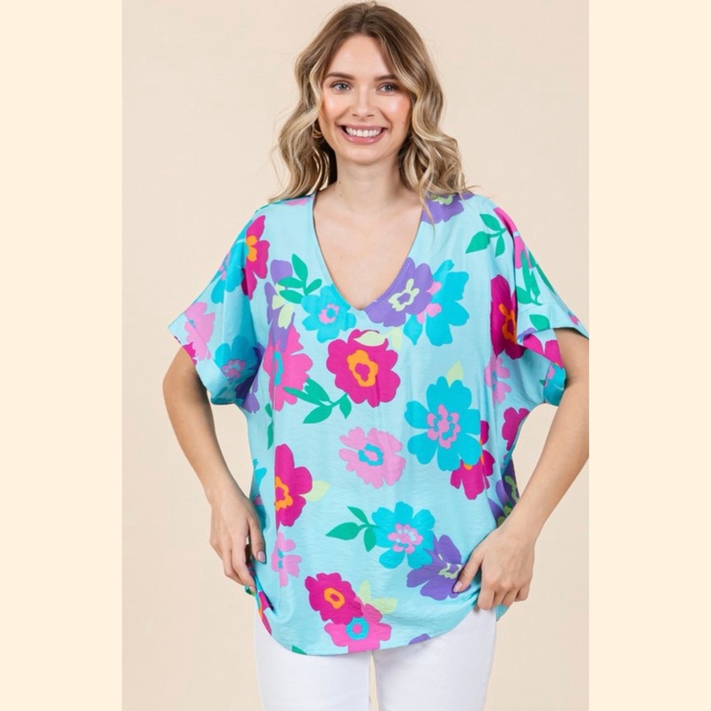 Jodifl Turquoise Floral V Neck Short Sleeve Blouse Small